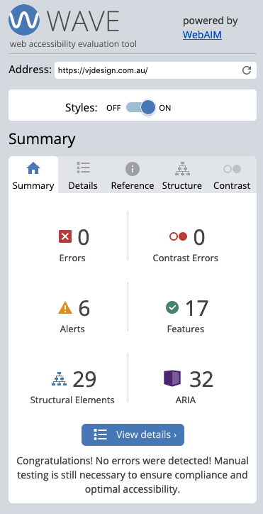 WAVE Web Accessibility Evaluation Tool Report of VJ Design - Web Design Australia