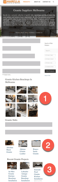 Marella Granite Page is Supported by a FAQ section, an image gallery, products, projects and posts categorised for the keyword 'granite'.