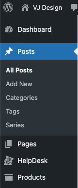 WordPress Admin Menu showing different typres of content to which canonical URL can be added: posts, pages, products, custom post types (e.g. HelpDesk Tickets), categories, tags, custome taxonomies (e.g. Series)