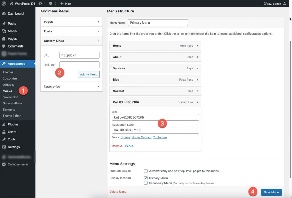 wordpress-menu-steps showing how to add a add-custom-link