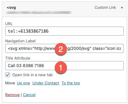 wordpress-menu-item-add-icon-to-label-field and copy paste the original lable text to the title attribute