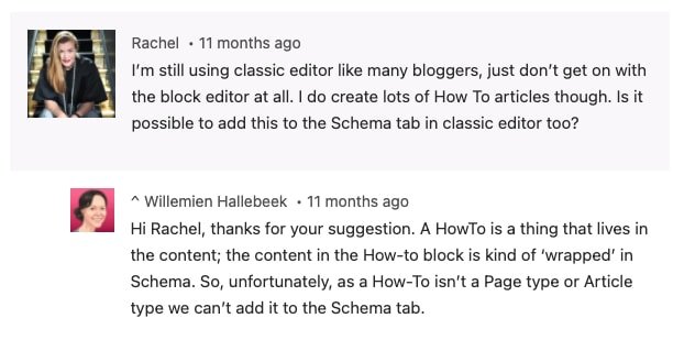 A query from a user about How-to block in Classic Editor answered by Yoast Staff - https://yoast.com/howto-structured-data/#comment-18460533