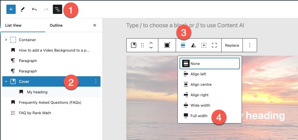 Use the Cover Block - Align Block Settings to either align the block to left, centre or right. Or set it to wide or full width.