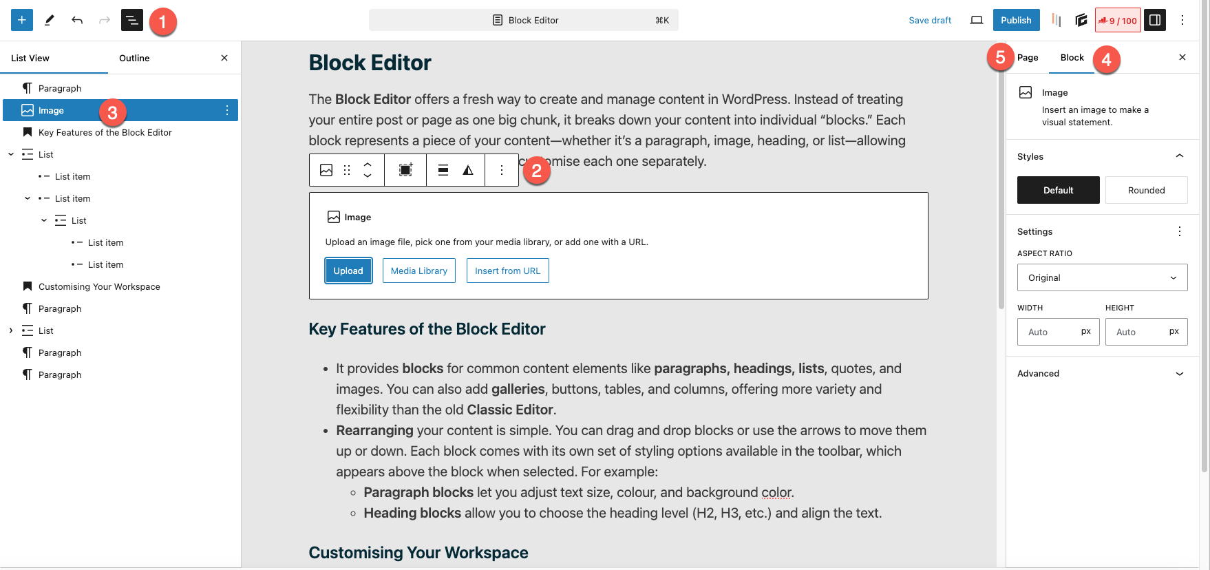 WordPress Block editor with image block selected. The image highlights the Document Overview and Block Settings for this page.